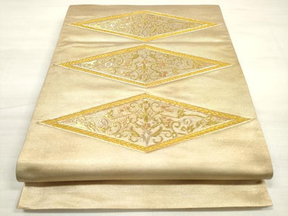 平和屋着物◎太鼓柄袋帯 駒刺繍 更紗花菱文 金糸 引箔 正絹 逸品 DABE2094xg
