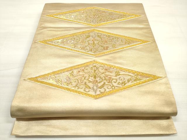 平和屋着物◎太鼓柄袋帯 駒刺繍 更紗花菱文 金糸 引箔 正絹 逸品 DABE2094xg