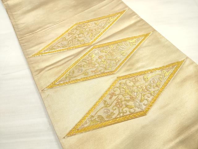 平和屋着物◎太鼓柄袋帯 駒刺繍 更紗花菱文 金糸 引箔 正絹 逸品 DABE2094xg
