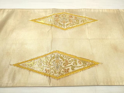 平和屋着物◎太鼓柄袋帯 駒刺繍 更紗花菱文 金糸 引箔 正絹 逸品 DABE2094xg