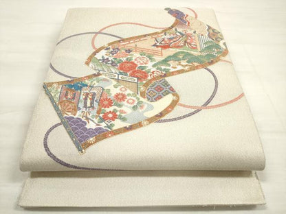 平和屋着物◎綴れ 太鼓柄袋帯 唐織 絵巻人物御所車花文 金糸 正絹 逸品 DABE2117xg