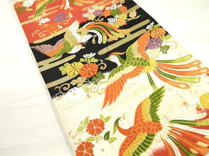 平和屋着物◎六通柄袋帯 唐織 エ霞鳳凰花文 金糸 正絹 逸品 DABE2131xg