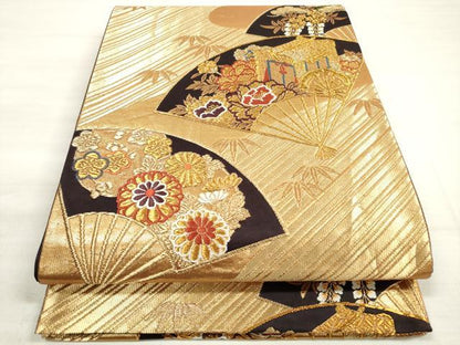 平和屋着物◎六通柄袋帯 唐織 扇面御所車花文 松竹梅 金糸 正絹 逸品 DABE2152xg