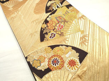 平和屋着物◎六通柄袋帯 唐織 扇面御所車花文 松竹梅 金糸 正絹 逸品 DABE2152xg