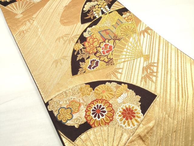 平和屋着物◎六通柄袋帯 唐織 扇面御所車花文 松竹梅 金糸 正絹 逸品 DABE2152xg