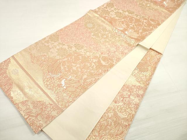 平和屋着物◎六通柄袋帯 向かい鳥更紗花文 金銀糸 正絹 逸品 DABE2167xg