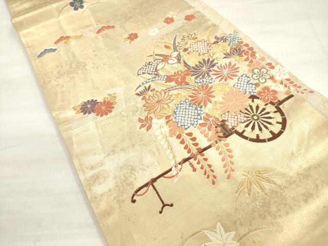 平和屋着物◎京の名門 じゅらく謹製 六通柄袋帯 唐織 伽羅 花車文 金銀糸 香り箔 正絹 逸品 DABE2171xg