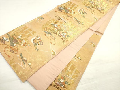 平和屋着物◎六通柄袋帯　唐織　銘明錦　几帳楽器花鳥文　金糸　正絹　逸品　DABE2192xg