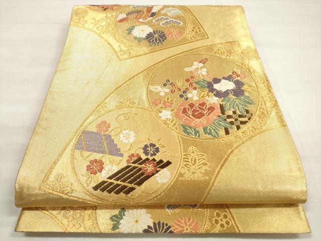 平和屋着物◎六通柄袋帯 唐織 地紙花鳥丸文 金糸 正絹 逸品 DABE2213xg