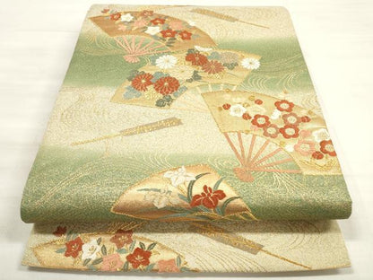平和屋着物◎六通柄袋帯 唐織 扇面花文 金糸 正絹 逸品 DABE2214xg