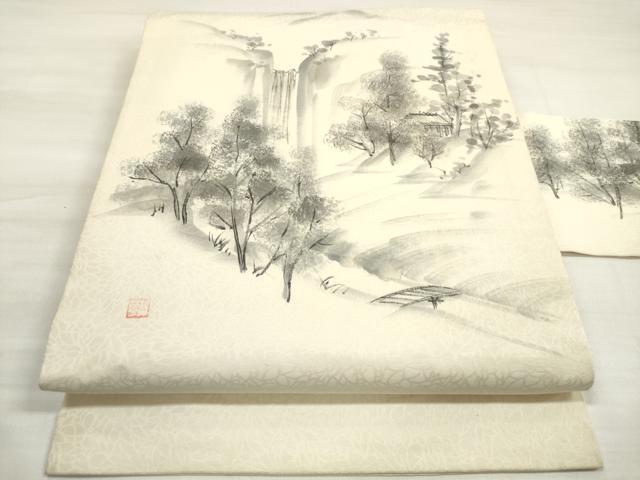 平和屋着物◎九寸名古屋帯 作家物 手描き 風景文 正絹 逸品 DABE2219xg