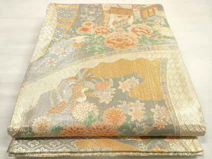 平和屋着物◎宝珠本佐賀錦 六通柄袋帯 扇面鳳凰花文 金糸 正絹 逸品 DABE2225xg