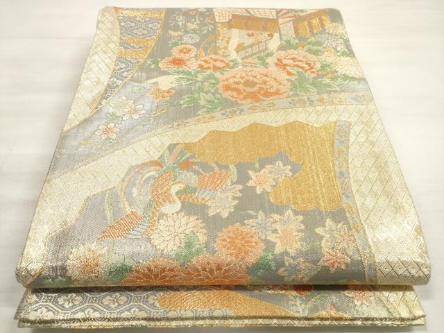 平和屋着物◎宝珠本佐賀錦 六通柄袋帯 扇面鳳凰花文 金糸 正絹 逸品 DABE2225xg