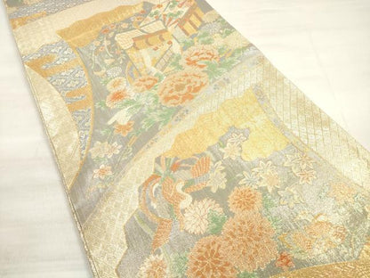 平和屋着物◎宝珠本佐賀錦 六通柄袋帯 扇面鳳凰花文 金糸 正絹 逸品 DABE2225xg
