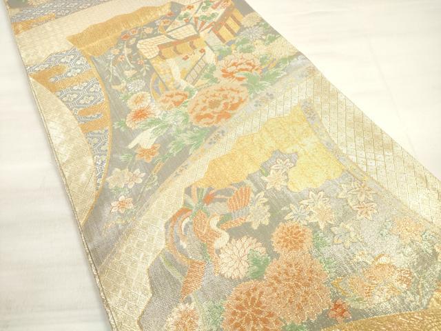平和屋着物◎宝珠本佐賀錦 六通柄袋帯 扇面鳳凰花文 金糸 正絹 逸品 DABE2225xg