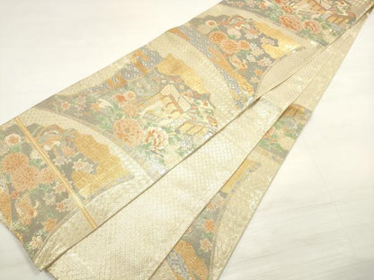 平和屋着物◎宝珠本佐賀錦 六通柄袋帯 扇面鳳凰花文 金糸 正絹 逸品 DABE2225xg