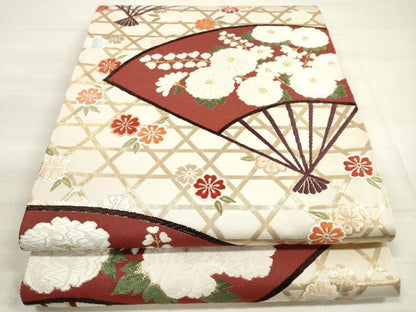 平和屋着物◎西陣　六通柄袋帯　唐織　扇面花文　金糸　錦繍　証紙付き　正絹　逸品　DABE2240xg