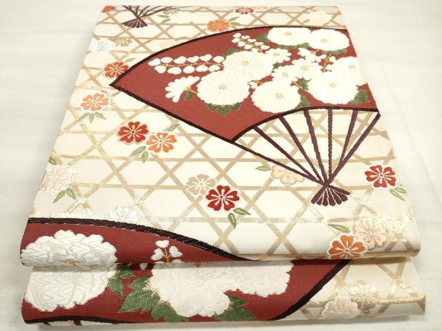 平和屋着物◎西陣　六通柄袋帯　唐織　扇面花文　金糸　錦繍　証紙付き　正絹　逸品　DABE2240xg