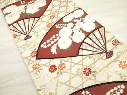 平和屋着物◎西陣　六通柄袋帯　唐織　扇面花文　金糸　錦繍　証紙付き　正絹　逸品　DABE2240xg