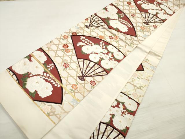 平和屋着物◎西陣　六通柄袋帯　唐織　扇面花文　金糸　錦繍　証紙付き　正絹　逸品　DABE2240xg
