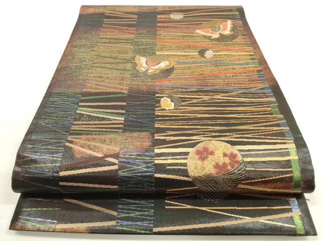 平和屋着物◎六通柄袋帯　唐織　金の雫　花蝶丸文　黒地　金銀糸　引箔　正絹　逸品　DABE2244xg
