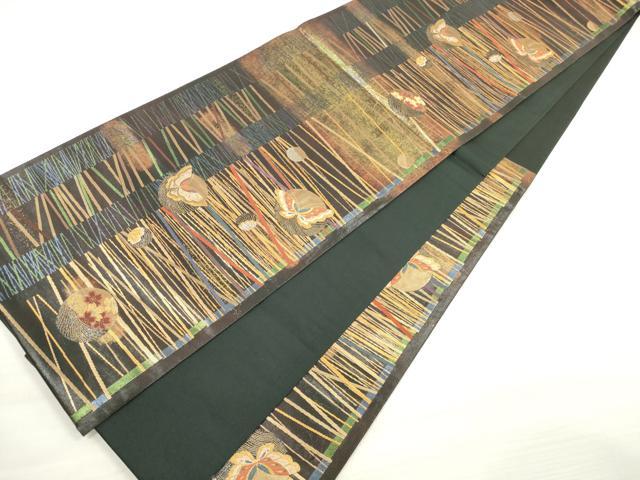 平和屋着物◎六通柄袋帯　唐織　金の雫　花蝶丸文　黒地　金銀糸　引箔　正絹　逸品　DABE2244xg