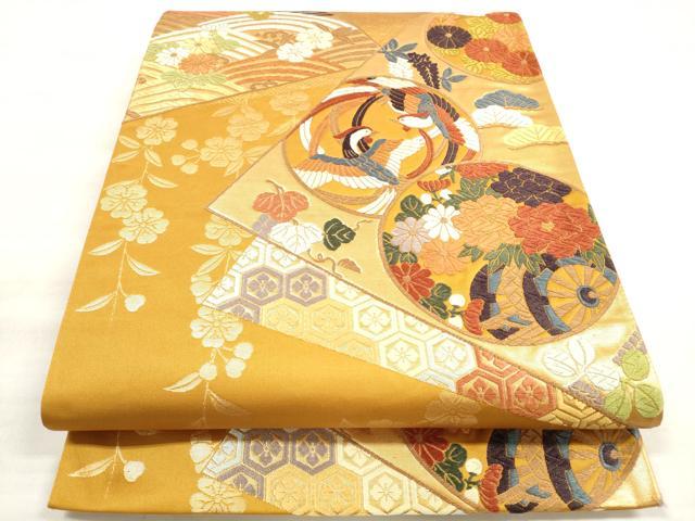 平和屋着物◎六通柄袋帯 唐織 吉祥色紙重ね鳳凰花文 金糸