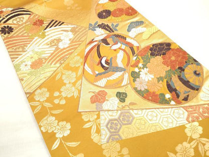 平和屋着物◎六通柄袋帯　唐織　吉祥色紙重ね鳳凰花文　金糸　正絹　逸品　DABE2245xg