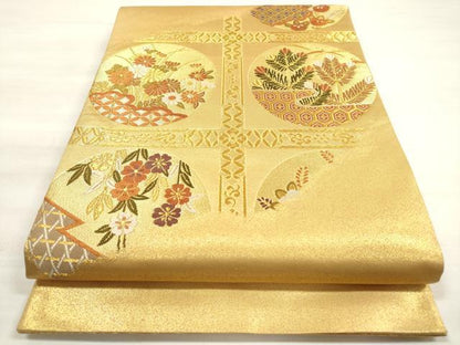 平和屋着物◎太鼓柄袋帯　唐織　天井花丸文　金糸　正絹　逸品　DABE2246xg