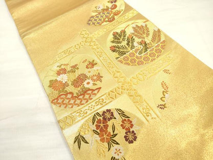 平和屋着物◎太鼓柄袋帯　唐織　天井花丸文　金糸　正絹　逸品　DABE2246xg