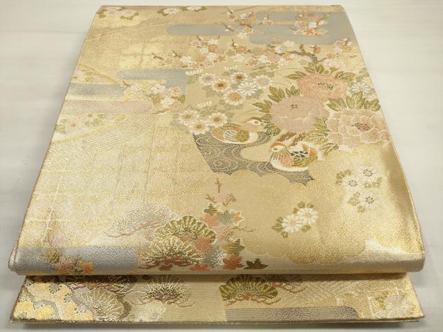 平和屋着物◎佐賀錦　両面　六通柄袋帯　エ霞鴛鴦花文　金糸　正絹　逸品　DABE2252xg