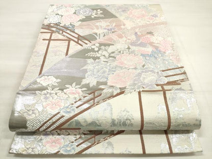 平和屋着物◎六通柄袋帯　唐織　九百錦　渡橋孔雀花文　プラチナ箔　正絹　逸品　DABE2255xg