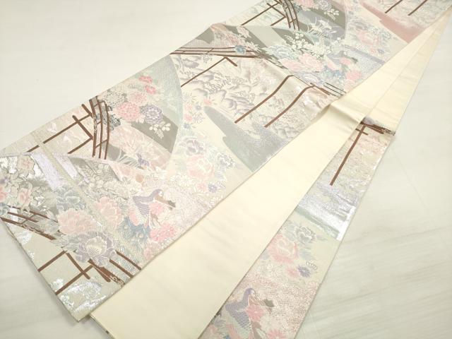 平和屋着物◎六通柄袋帯　唐織　九百錦　渡橋孔雀花文　プラチナ箔　正絹　逸品　DABE2255xg
