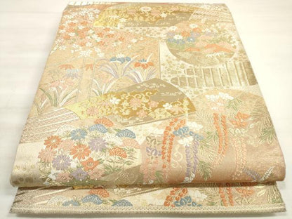 平和屋着物◎西陣　服部織物謹製　六通柄袋帯　唐織　扇面花丸文　金糸　正絹　逸品　DABE2261xg