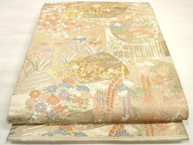 平和屋着物◎西陣　服部織物謹製　六通柄袋帯　唐織　扇面花丸文　金糸　正絹　逸品　DABE2261xg