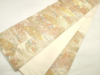 平和屋着物◎西陣　服部織物謹製　六通柄袋帯　唐織　扇面花丸文　金糸　正絹　逸品　DABE2261xg