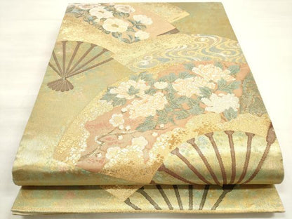 平和屋着物◎六通柄袋帯　扇面に花寿図　金銀糸　引箔　正絹　逸品　DABE2264xg