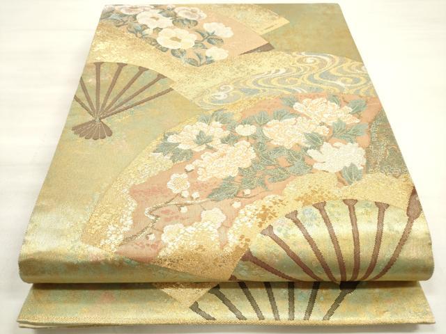 平和屋着物◎六通柄袋帯　扇面に花寿図　金銀糸　引箔　正絹　逸品　DABE2264xg
