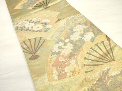 平和屋着物◎六通柄袋帯　扇面に花寿図　金銀糸　引箔　正絹　逸品　DABE2264xg