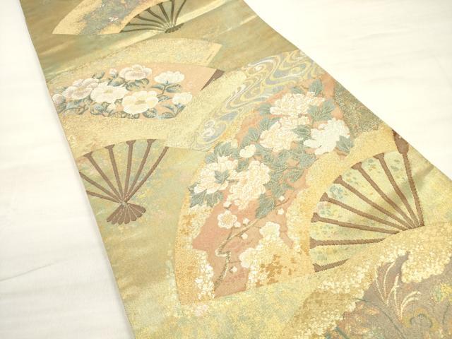 平和屋着物◎六通柄袋帯　扇面に花寿図　金銀糸　引箔　正絹　逸品　DABE2264xg