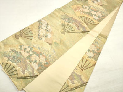 平和屋着物◎六通柄袋帯　扇面に花寿図　金銀糸　引箔　正絹　逸品　DABE2264xg