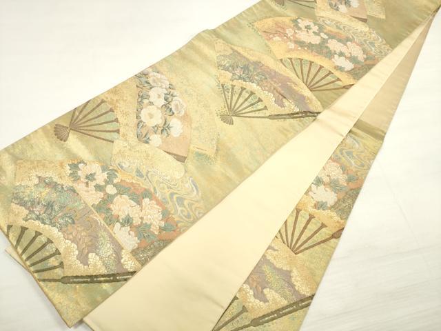 平和屋着物◎六通柄袋帯　扇面に花寿図　金銀糸　引箔　正絹　逸品　DABE2264xg