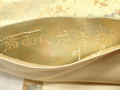 平和屋着物◎六通柄袋帯　扇面に花寿図　金銀糸　引箔　正絹　逸品　DABE2264xg