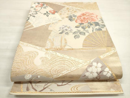 平和屋着物◎六通柄袋帯　唐織　立波扇面御所車花文　金銀糸　正絹　逸品　DABE2267xg