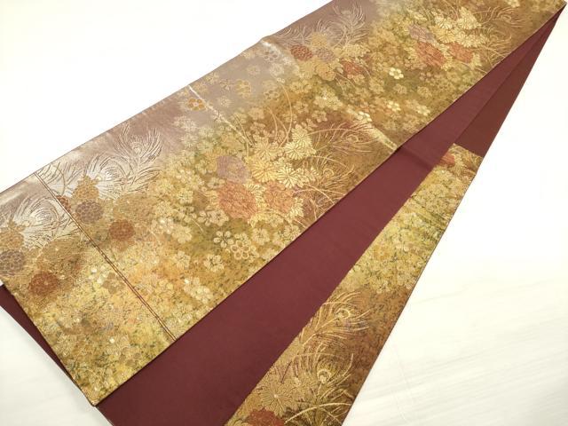 平和屋着物◎六通柄袋帯　孔雀羽根花文　金糸　古典引箔　正絹　逸品　DABE2272xg