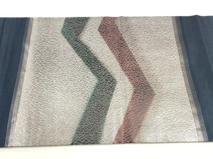 平和屋着物◎九寸開き名古屋帯　幾何学文様　銀糸　正絹　逸品　DABE2274xg