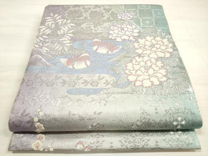 平和屋着物◎六通柄袋帯　唐織　流水鴛鴦花文　プラチナ箔　正絹　逸品　DABE2288xg