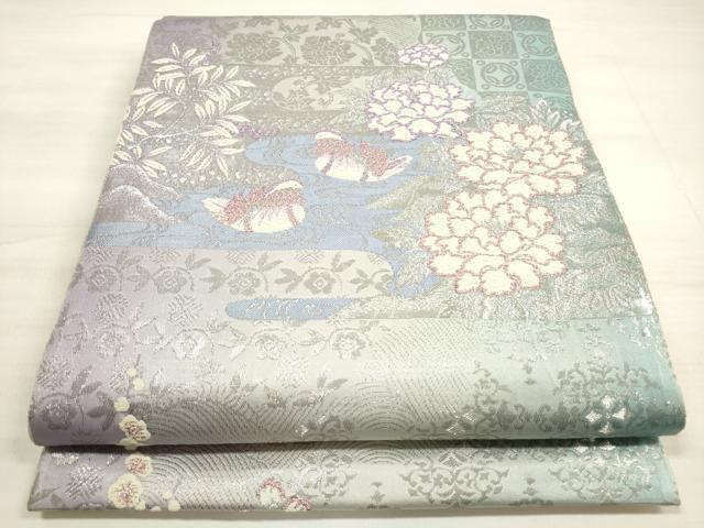 平和屋着物◎六通柄袋帯　唐織　流水鴛鴦花文　プラチナ箔　正絹　逸品　DABE2288xg