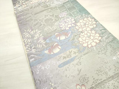 平和屋着物◎六通柄袋帯　唐織　流水鴛鴦花文　プラチナ箔　正絹　逸品　DABE2288xg