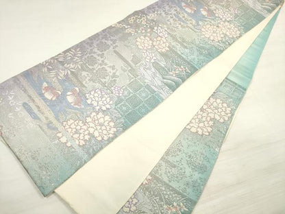 平和屋着物◎六通柄袋帯　唐織　流水鴛鴦花文　プラチナ箔　正絹　逸品　DABE2288xg